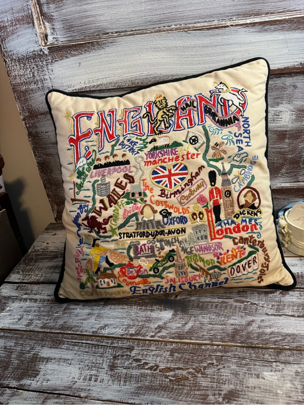 Catstudio England Hand Embroidered Decorative Throw Pillow W/ Whimsical Map